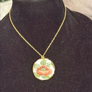 Floral porcelain hand painted red poppy signed round filigree pendant exquisite